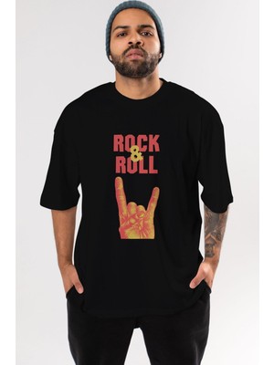 Ankhises Rock & Roll Yazılı Ön Baskılı Siyah Oversize T-Shirt Erkek Kadın Bisiklet Yaka