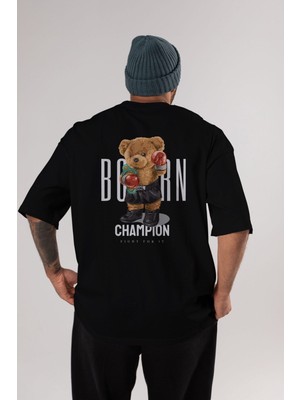 ankhises Teddy Bear Champion Arka Baskılı Siyah Erkek Kadın Bisiklet Yaka Oversize T-Shirt