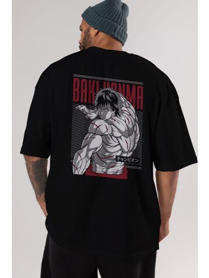 ankhises Bakı Hanma Anime Arka Baskılı Siyah Oversize T-Shirt Erkek Kadın