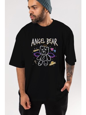ankhises Angel Bear Ön Baskılı Siyah Oversize T-Shirt  Erkek Kadın Bisiklet Yaka