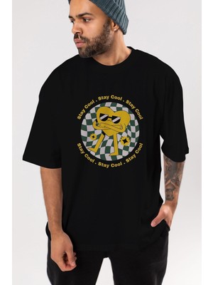 ankhises Stay Cool Yazılı Ön Baskılı Siyah Oversize T-Shirt  Erkek Kadın Bisiklet Yaka