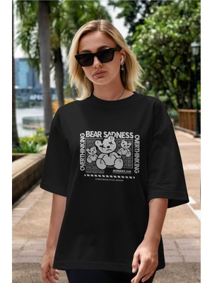 ankhises Bear Sadness Ön Baskılı Siyah Oversize T-Shirt  Erkek Kadın Bisiklet Yaka