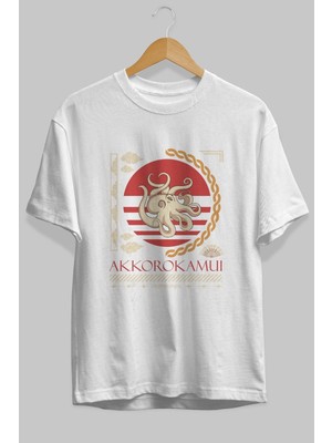 ankhises Akkorokamui Ön Baskılı Beyaz Oversize T-Shirt  Erkek Kadın Bisiklet Yaka