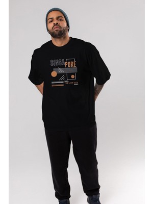 ankhises Singapore Ön Baskılı Siyah Oversize T-Shirt  Erkek Kadın Bisiklet Yaka
