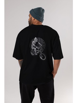 ankhises Ride Bike To Kill Arka Baskılı Siyah Oversize T-Shirt  Erkek Kadın Bisiklet Yaka