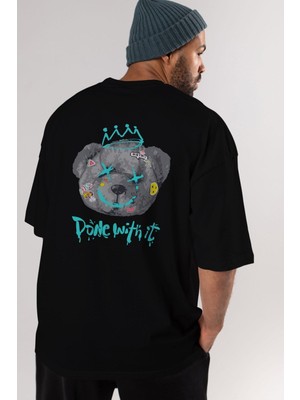 ankhises Done With It Bear Arka Baskılı Siyah Oversize T-Shirt  Erkek Kadın Bisiklet Yaka