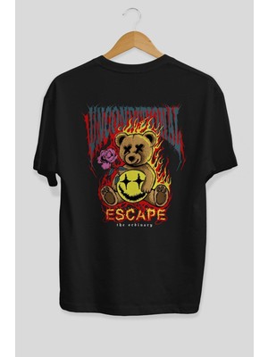 ankhises Escape Bear Arka Baskılı Siyah Oversize T-Shirt  Erkek Kadın Bisiklet Yaka