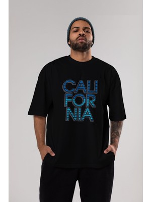 ankhises California Yazılı Ön Baskılı Siyah Oversize T-Shirt  Erkek Kadın Bisiklet Yaka