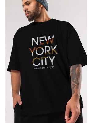 ankhises New York City Style Yazılı Ön Baskılı Siyah Oversize T-Shirt  Erkek Kadın Bisiklet Yaka