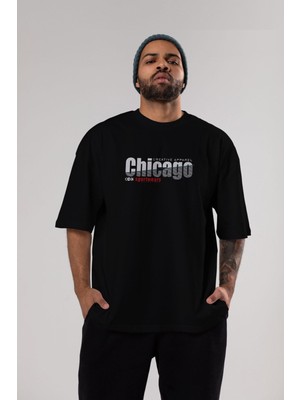 ankhises Chicago Sport Yazılı Ön Baskılı Siyah Oversize T-Shirt  Erkek Kadın Bisiklet Yaka