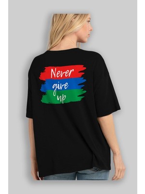 ankhises Never Give Up Yazılı Arka Baskılı Siyah Oversize T-Shirt Erkek Kadın Bisiklet Yaka
