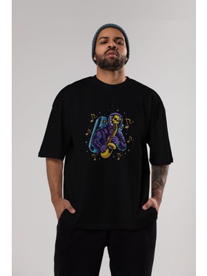 Ankhises Astroskull Saxophonist Ön Baskılı Siyah Oversize T-Shirt Erkek Kadın Bisiklet Yaka