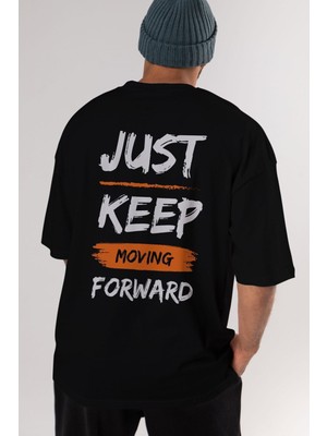 ankhises Just Keep Moving Arka Baskılı Siyah Oversize T-Shirt Erkek Kadın Bisiklet Yaka