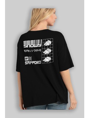 ankhises Snowy City Of Sapporo Arka Baskılı Siyah Oversize T-Shirt  Erkek Kadın Bisiklet Yaka