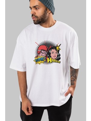 ankhises Comic Wow Yazılı Ön Baskılı Beyaz Oversize T-Shirt Erkek Kadın Bisiklet Yaka