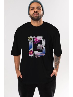 ankhises Urban Street 13 Ön Baskılı Siyah Oversize T-Shirt  Erkek Kadın Bisiklet Yaka