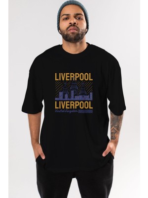 ankhises Liverpool Ön Baskılı Siyah Oversize T-Shirt  Erkek Kadın Bisiklet Yaka