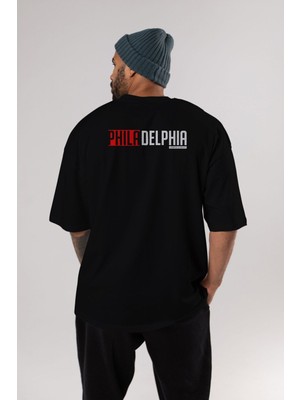 Ankhises Philadelphia Yazılı Arka Baskılı Siyah Oversize T-Shirt Erkek Kadın Bisiklet Yaka