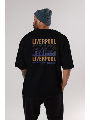 ankhises Liverpool Arka Baskılı Siyah Oversize T-Shirt  Erkek Kadın Bisiklet Yaka