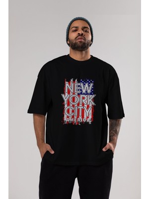 ankhises New York City Yazılı Ön Baskılı Siyah Oversize T-Shirt  Erkek Kadın Bisiklet Yaka