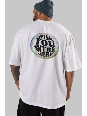 Ankhises Wish You Were Here Yazılı 2 Arka Baskılı Beyaz Oversize T-Shirt Erkek Kadın Bisiklet Yaka