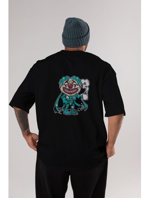 ankhises Super Clown Arka Baskılı Siyah Oversize T-Shirt  Erkek Kadın Bisiklet Yaka