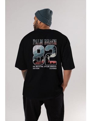 ankhises Palm Beach 82 Arka Baskılı Siyah Oversize T-Shirt  Erkek Kadın Bisiklet Yaka