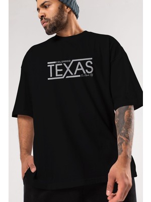 ankhises Texas Yazılı Ön Baskılı Siyah Oversize T-Shirt  Erkek Kadın Bisiklet Yaka