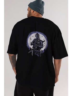 ankhises Gas Mask Soldier Arka Baskılı Siyah Oversize T-Shirt  Erkek Kadın Bisiklet Yaka