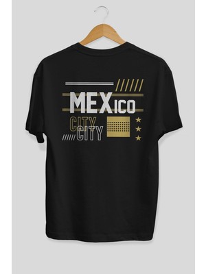 ankhises Mexico City Arka Baskılı Siyah Oversize T-Shirt  Erkek Kadın Bisiklet Yaka