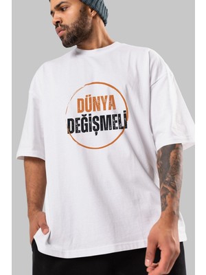 Ankhises Dünya Değişmeli Yazılı Ön Baskılı Beyaz Oversize T-Shirt Erkek Kadın Bisiklet Yaka