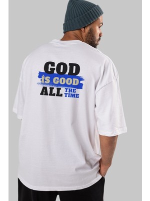 ankhises God Is Good Yazılı Arka Baskılı Beyaz Oversize T-Shirt Erkek Kadın Bisiklet Yaka