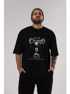 ankhises Chicago Street Club Ön Baskılı Siyah Oversize T-Shirt  Erkek Kadın Bisiklet Yaka