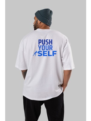 ankhises Push Yourself Yazılı Arka Baskılı Beyaz Oversize T-Shirt Erkek Kadın Bisiklet Yaka