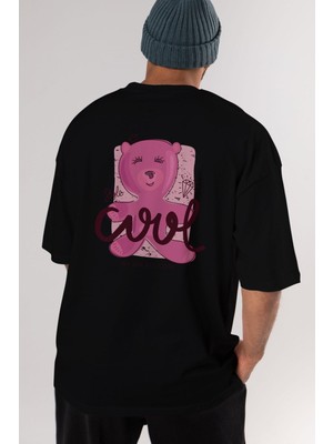ankhises Cool Style Bear Arka Baskılı Siyah Oversize T-Shirt  Erkek Kadın Bisiklet Yaka