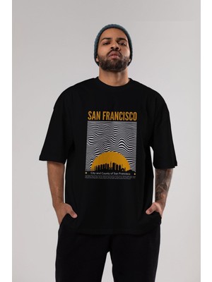 ankhises San Francisco Yazılı Ön Baskılı Siyah Oversize T-Shirt  Erkek Kadın Bisiklet Yaka
