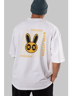ankhises Evolution Yazılı Arka Baskılı Beyaz Oversize T-Shirt Erkek Kadın Bisiklet Yaka