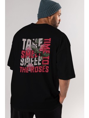 ankhises Take Time To Smell Arka Baskılı Siyah Oversize T-Shirt  Erkek Kadın Bisiklet Yaka