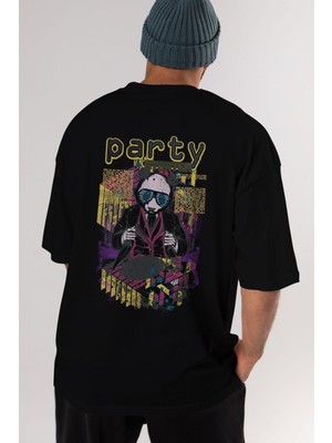 ankhises Party Starter Arka Baskılı Siyah Oversize T-Shirt  Erkek Kadın Bisiklet Yaka