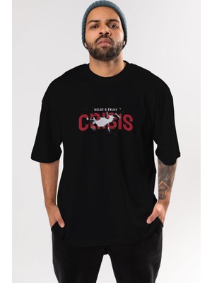 ankhises Relax And Enjoy Ön Baskılı Siyah Oversize T-Shirt  Erkek Kadın Bisiklet Yaka