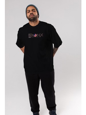 ankhises Bronx Yazılı Ön Baskılı Siyah Oversize T-Shirt  Erkek Kadın Bisiklet Yaka