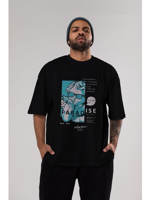 ankhises Paradise Fly To Me Ön Baskılı Siyah Oversize T-Shirt  Erkek Kadın Bisiklet Yaka