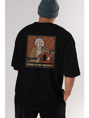 ankhises Kurt Einstein Arka Baskılı Siyah Oversize T-Shirt  Erkek Kadın Bisiklet Yaka