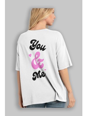 ankhises You And Me Yazılı Arka Baskılı Beyaz Oversize T-Shirt Erkek Kadın Bisiklet Yaka