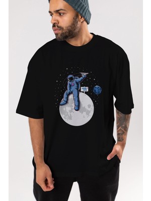 Ankhises Astro Missing Earth Ön Baskılı Siyah Oversize T-Shirt Erkek Kadın Bisiklet Yaka