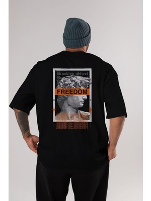 ankhises Brooklyn Street Arka Baskılı Siyah Oversize T-Shirt  Erkek Kadın Bisiklet Yaka