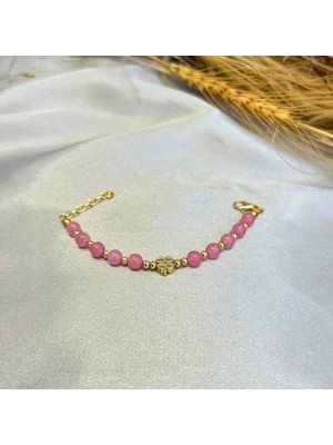 Suerte Accessories Pembe Kuvars Doğal Taş Altın Yonca Uçlu El Yapımı Özel Tasarım Doğaltaş Kadın Bileklik