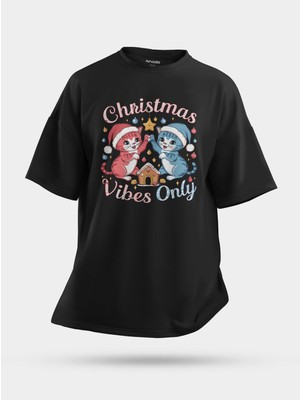 Nirvoda Oversize Christmas Yılbaşı Kedileri Unisex Siyah Tişört