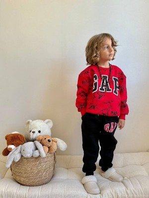 Sacro Kids Kırmızı Dinozor Desenli Gap Baskılı Eşofman-Sweatshirt 3 Iplik Şardonlu Kışlık Erkek Çocuk Takım