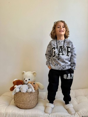 Sacro Kids Gri Dinozor Desenli Gap Baskılı Eşofman-Sweatshirt 3 Iplik Şardonlu Kışlık Erkek Çocuk Takım